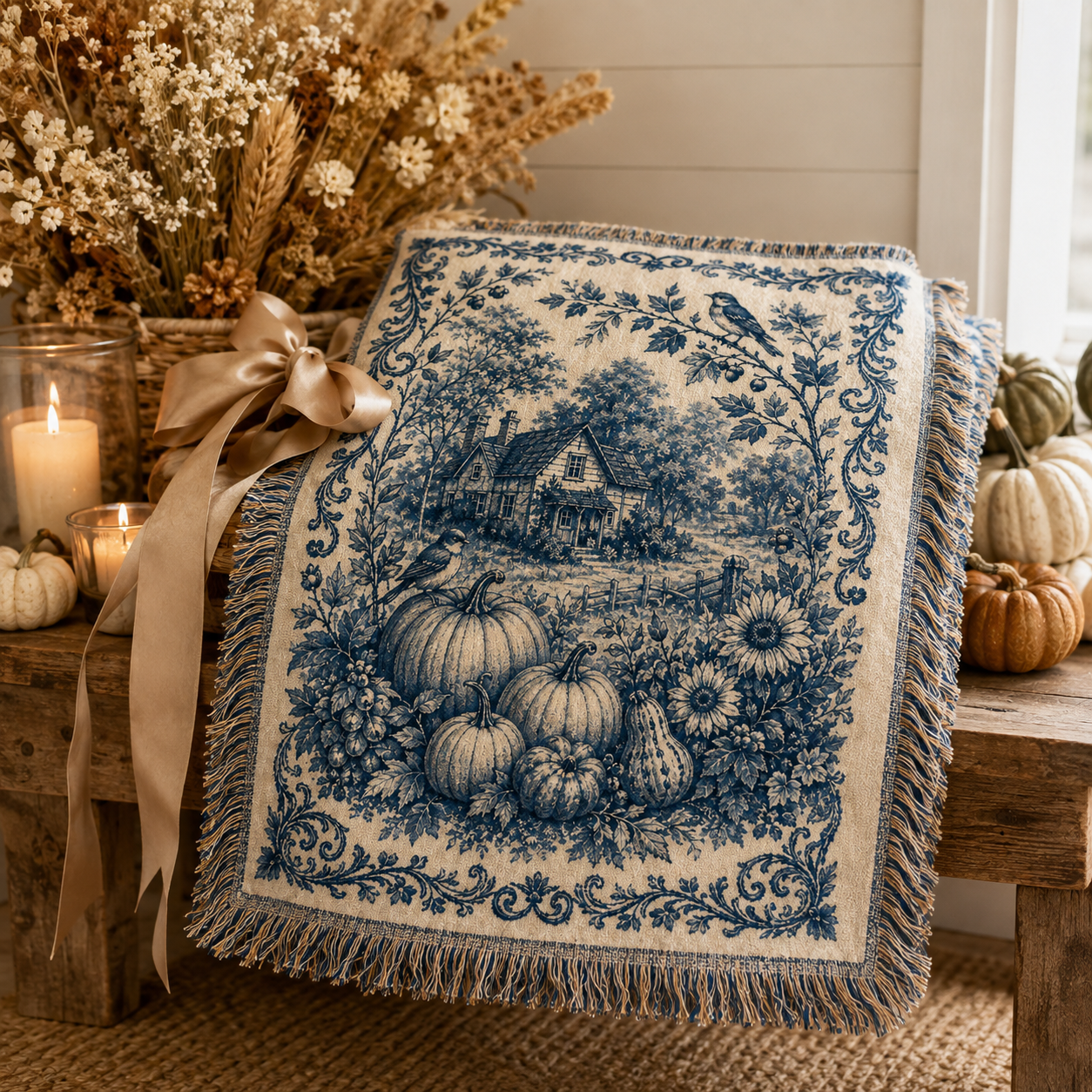 Vintage blue harvest woven blanket displayed on a farmhouse porch with pumpkins and lanterns