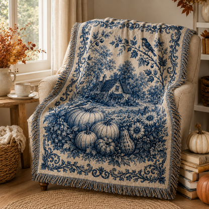Vintage blue harvest woven blanket draped over an armchair in a cozy autumn reading nook