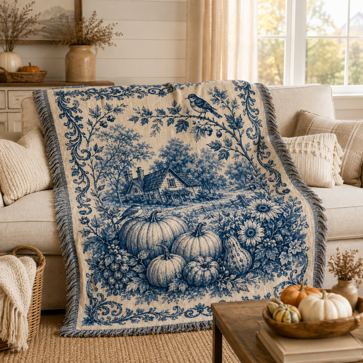 Vintage blue harvest woven blanket styled on a cream sofa in an autumn farmhouse living room