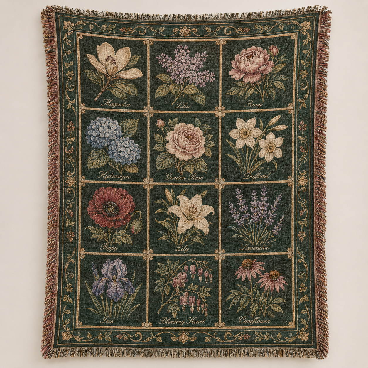 Vintage botanical flower chart woven blanket with twelve labeled blooms and fringed edges