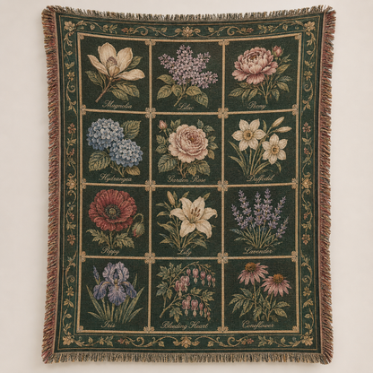 Vintage botanical flower chart woven blanket with twelve labeled blooms and fringed edges