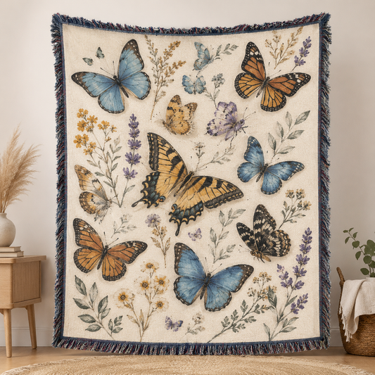 Vintage butterfly botanical woven throw blanket with cream background and fringed edges