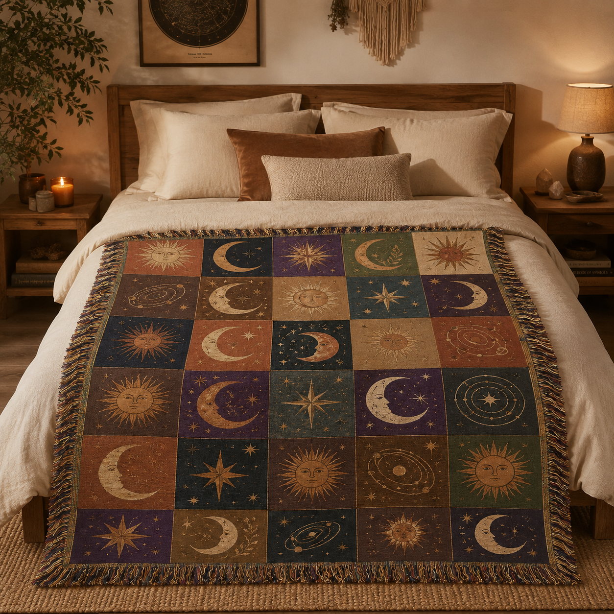 Vintage astrology woven blanket displayed across a cozy neutral bedroom
