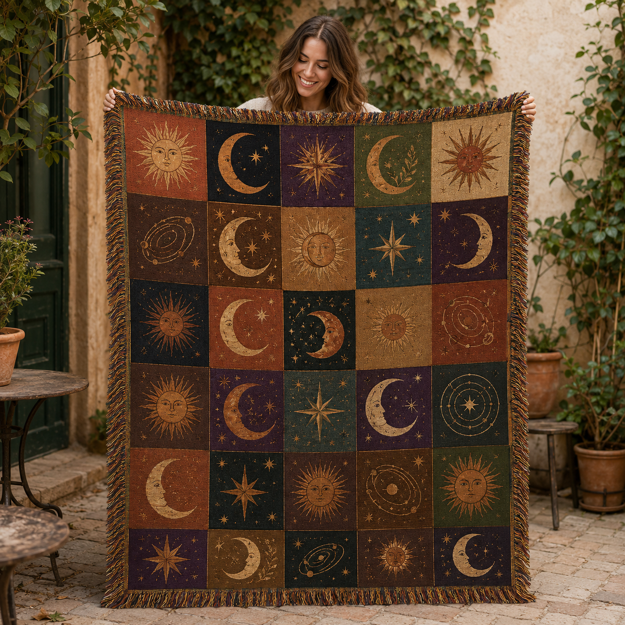 Woman holding a vintage celestial patchwork woven blanket with sun moon and star motifs