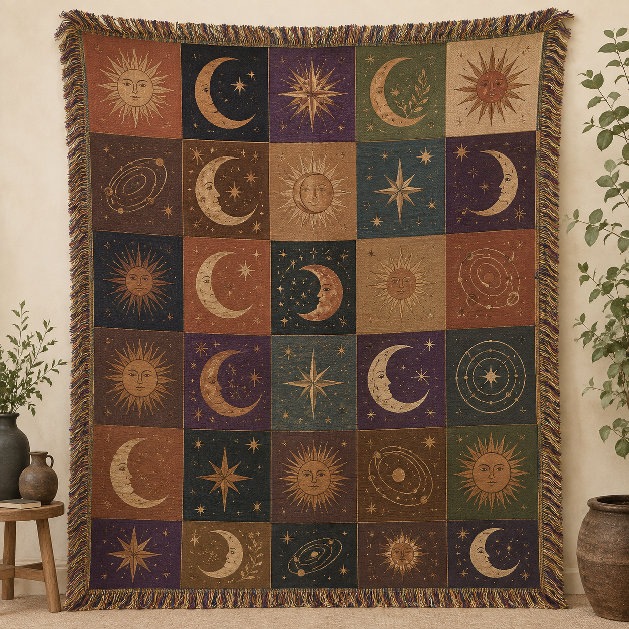 Vintage celestial patchwork woven blanket with sun, moon, stars and multicolor fringe