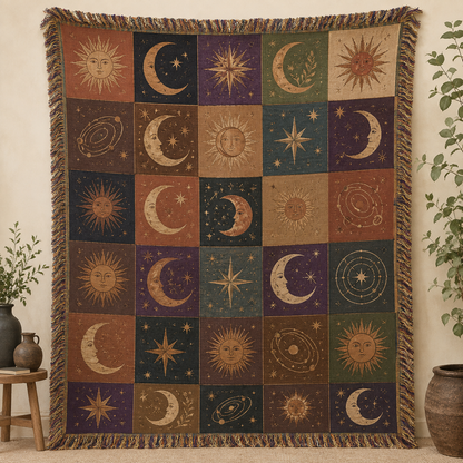 Vintage celestial patchwork woven blanket with sun, moon, stars and multicolor fringe