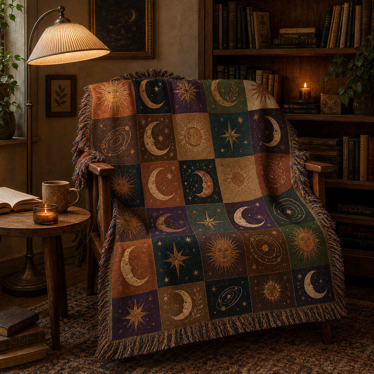 Celestial patchwork woven blanket arranged on a wooden chair in a dark academia reading nook