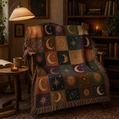 Celestial patchwork woven blanket arranged on a wooden chair in a dark academia reading nook