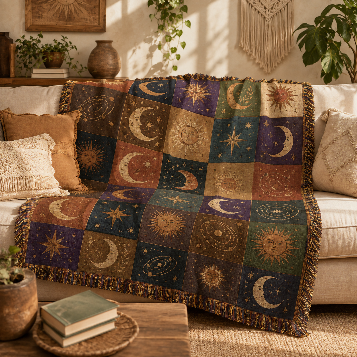 Celestial sun and moon woven blanket styled on a warm boho living room sofa