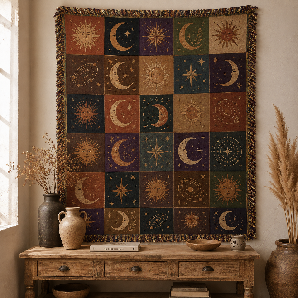 Celestial sun moon and star woven blanket displayed as bohemian wall tapestry decor