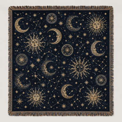 Vintage celestial sun and moon woven blanket with navy background, antique gold stars and fringe
