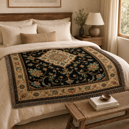 Vintage floral medallion woven blanket across a cozy bedroom bed
