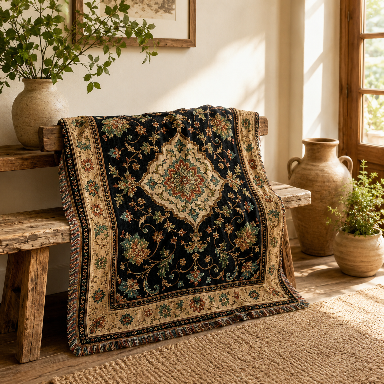 Vintage floral medallion woven blanket styled on a rustic wooden bench