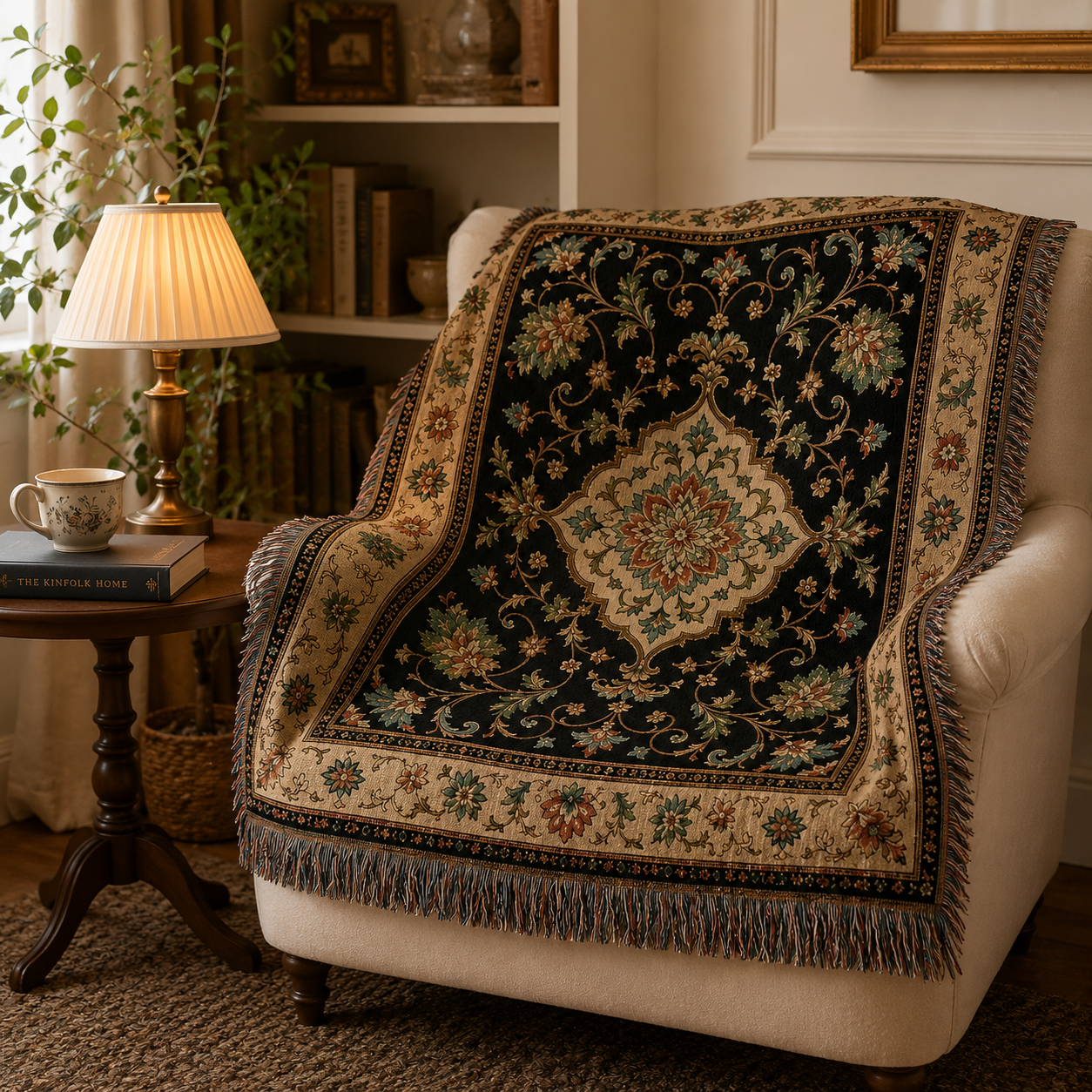 Ornate woven blanket draped over an armchair in a reading nook