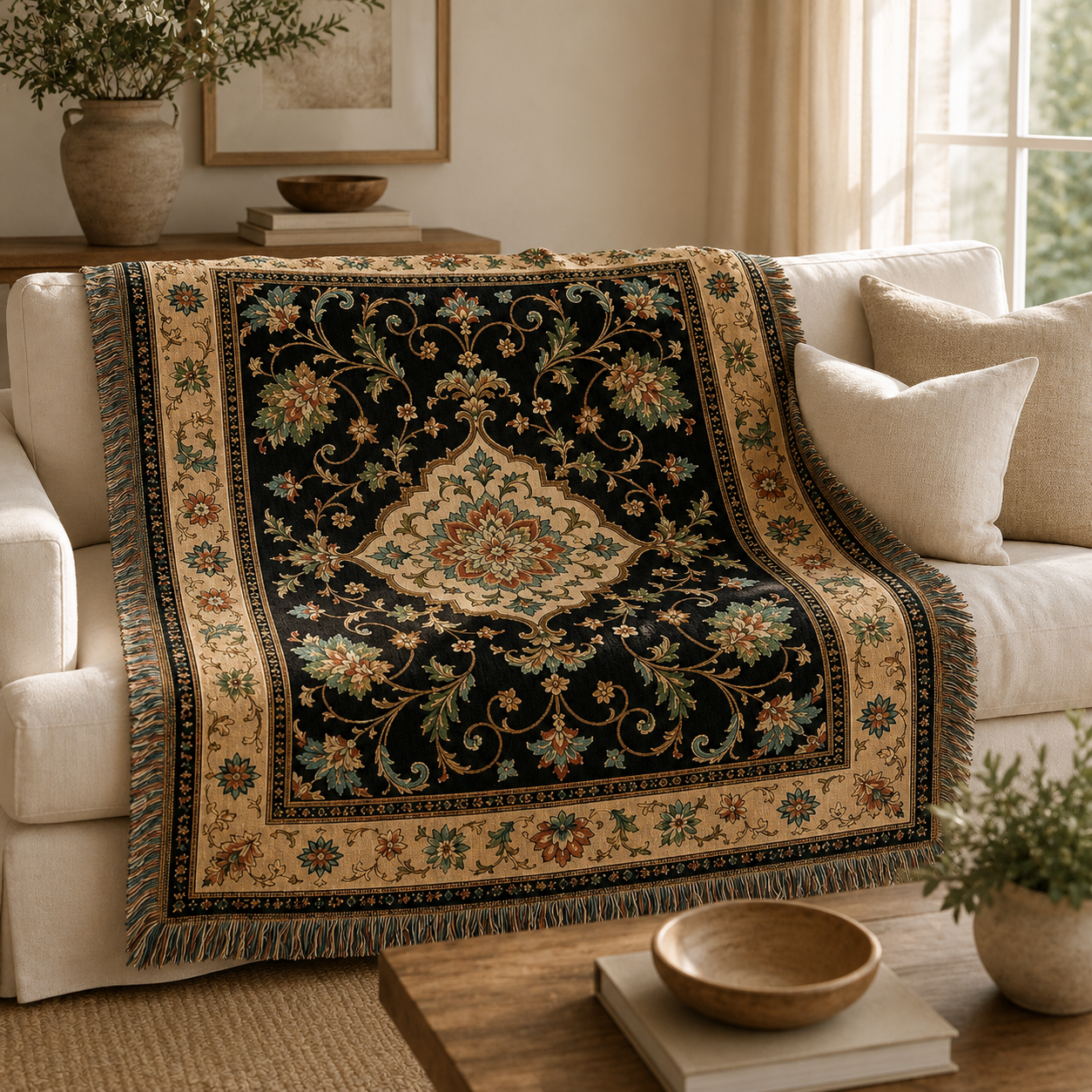 Ornate floral medallion woven blanket styled on a neutral sofa