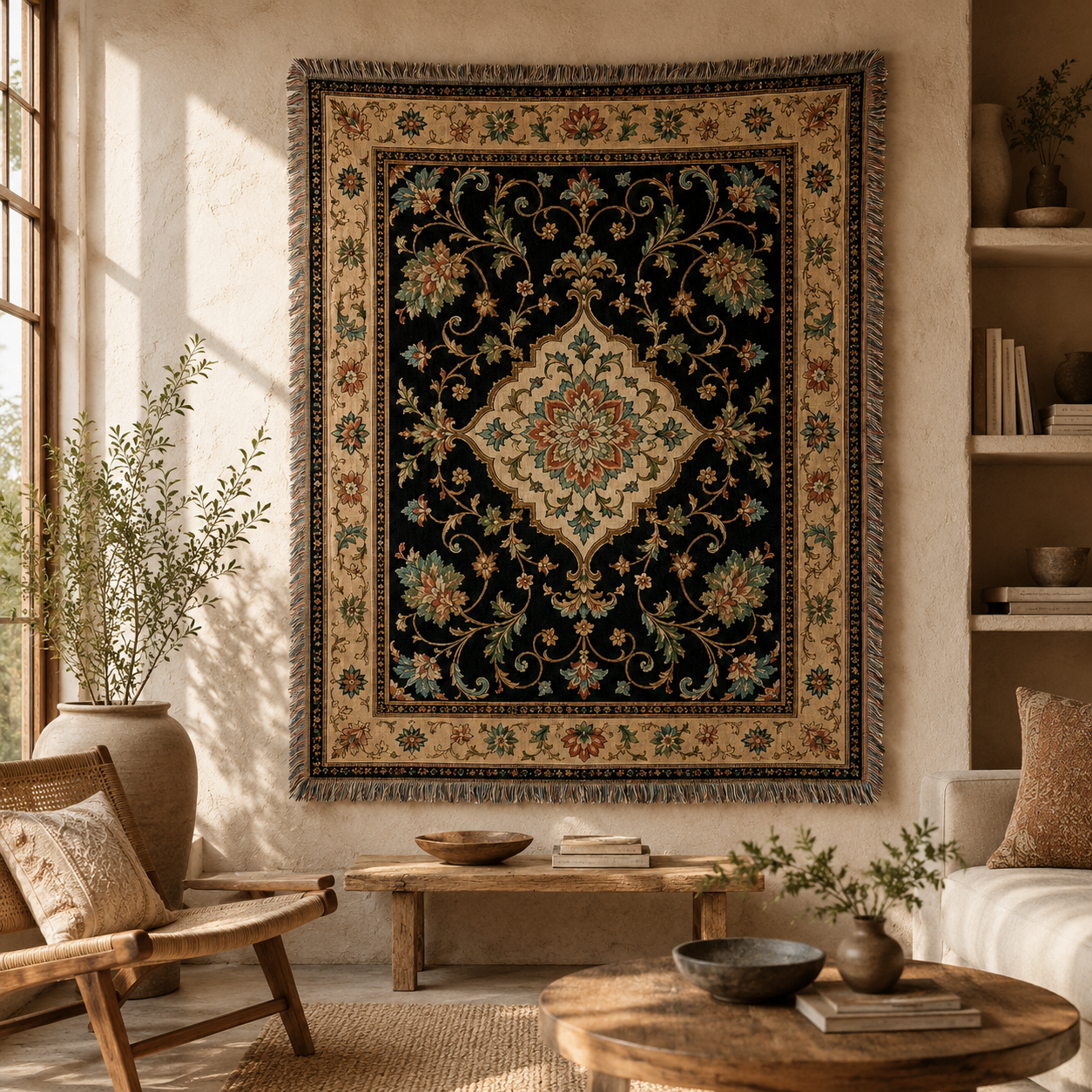 Ornate floral medallion woven blanket displayed as statement wall decor