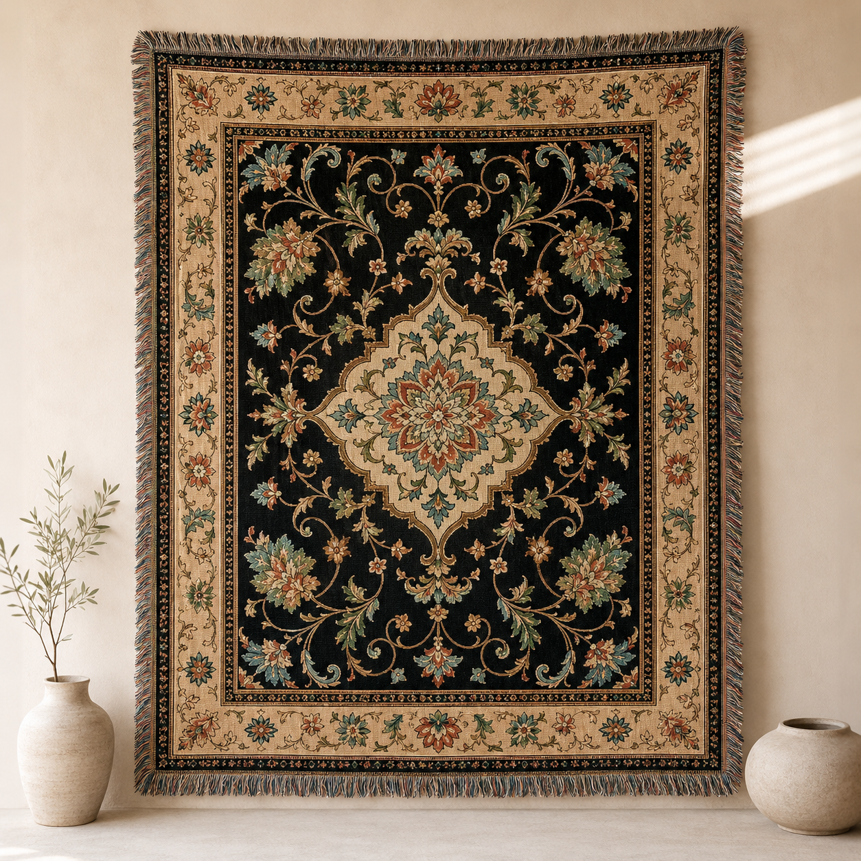Vintage floral medallion woven blanket displayed as wall tapestry