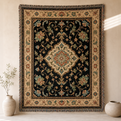 Vintage floral medallion woven blanket displayed as wall tapestry