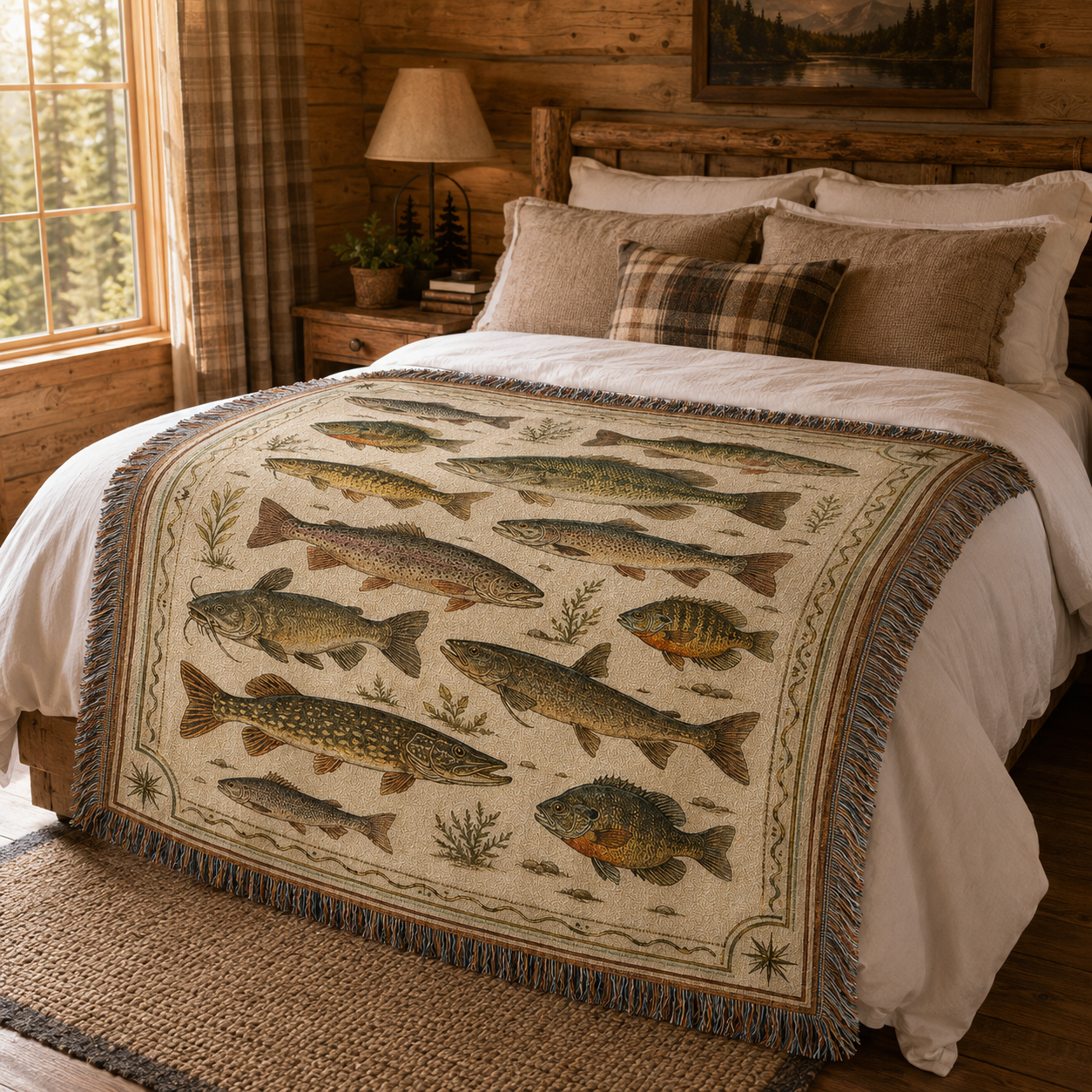 Vintage freshwater fish woven blanket across a rustic cabin bed