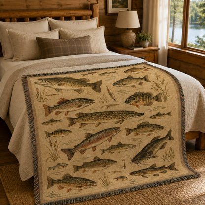 Vintage freshwater fish woven blanket styled across a neutral bed in a rustic cabin bedroom