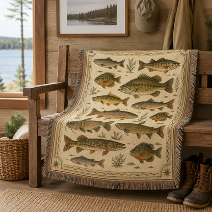 Vintage freshwater fish woven blanket styled on a lakeside cabin bench