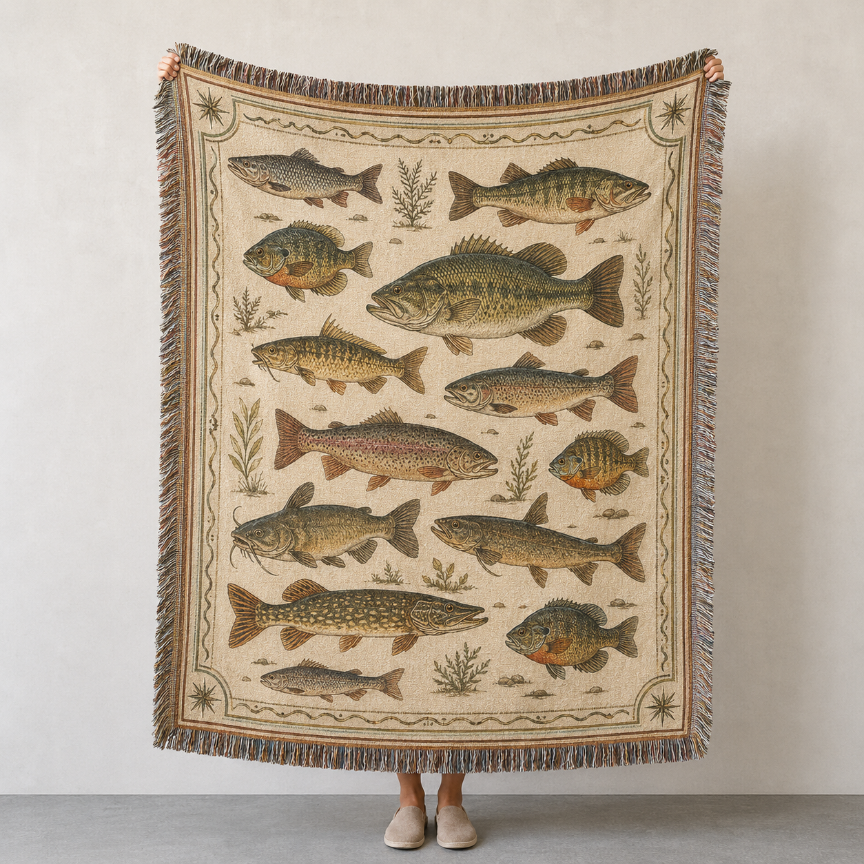 Vintage freshwater fish woven blanket with illustrated fish chart