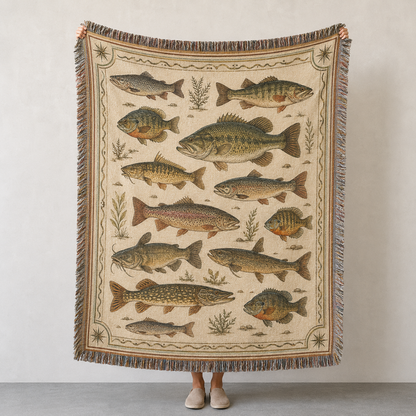 Vintage freshwater fish woven blanket with illustrated fish chart