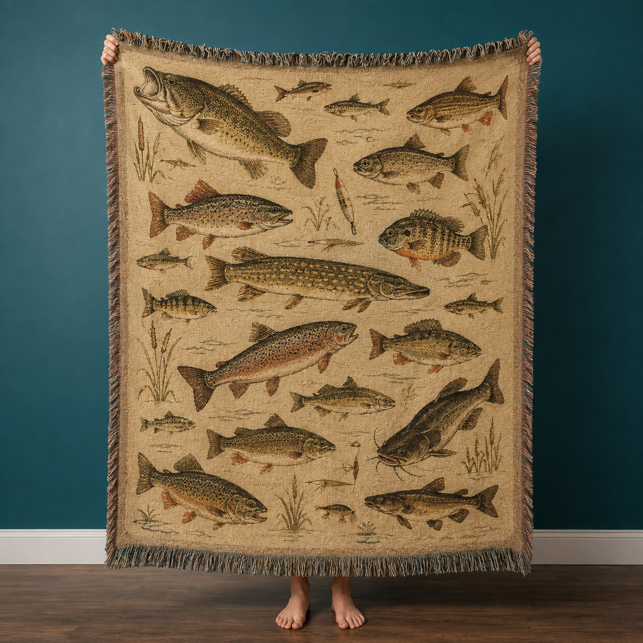 Vintage freshwater fish woven blanket shown full front with illustrated fish, aquatic plants and multicolor fringe