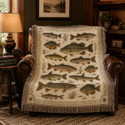 Vintage freshwater fish woven blanket in a lodge reading nook