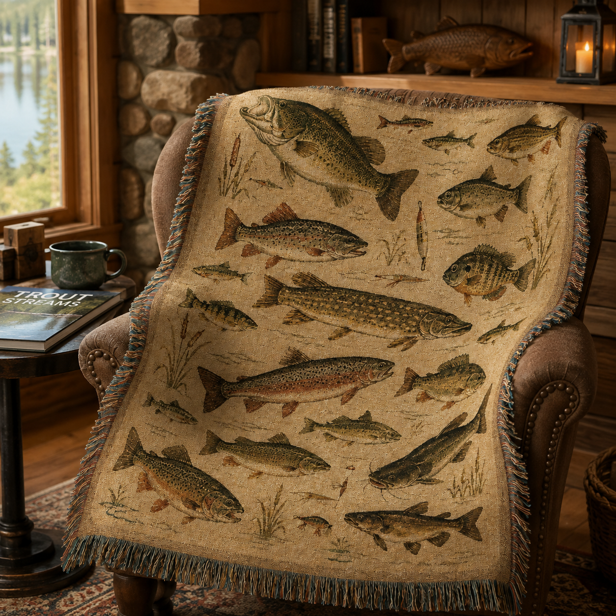 Vintage freshwater fish woven blanket displayed on a leather reading chair beside a lake window