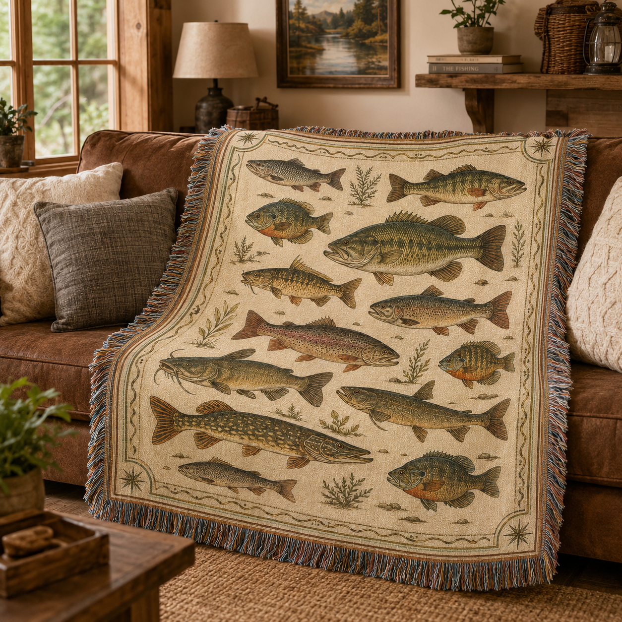 Vintage freshwater fish woven blanket styled on a rustic sofa