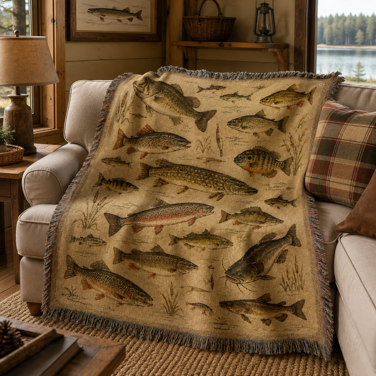 Vintage freshwater fish woven blanket draped over a sofa in a rustic lakeside cabin living room