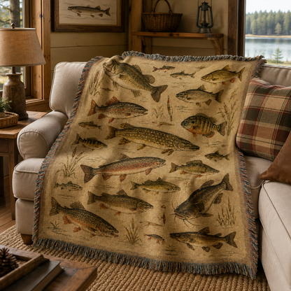 Vintage freshwater fish woven blanket draped over a sofa in a rustic lakeside cabin living room