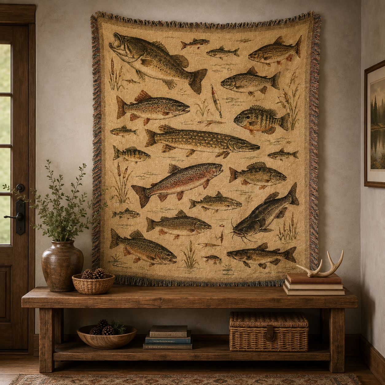 Vintage freshwater fish woven blanket displayed as rustic textile wall art above a wooden console