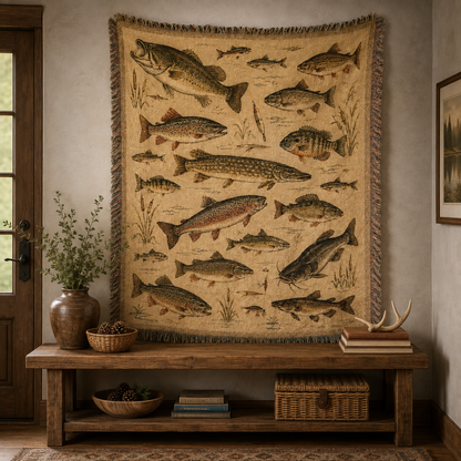 Vintage freshwater fish woven blanket displayed as rustic textile wall art above a wooden console