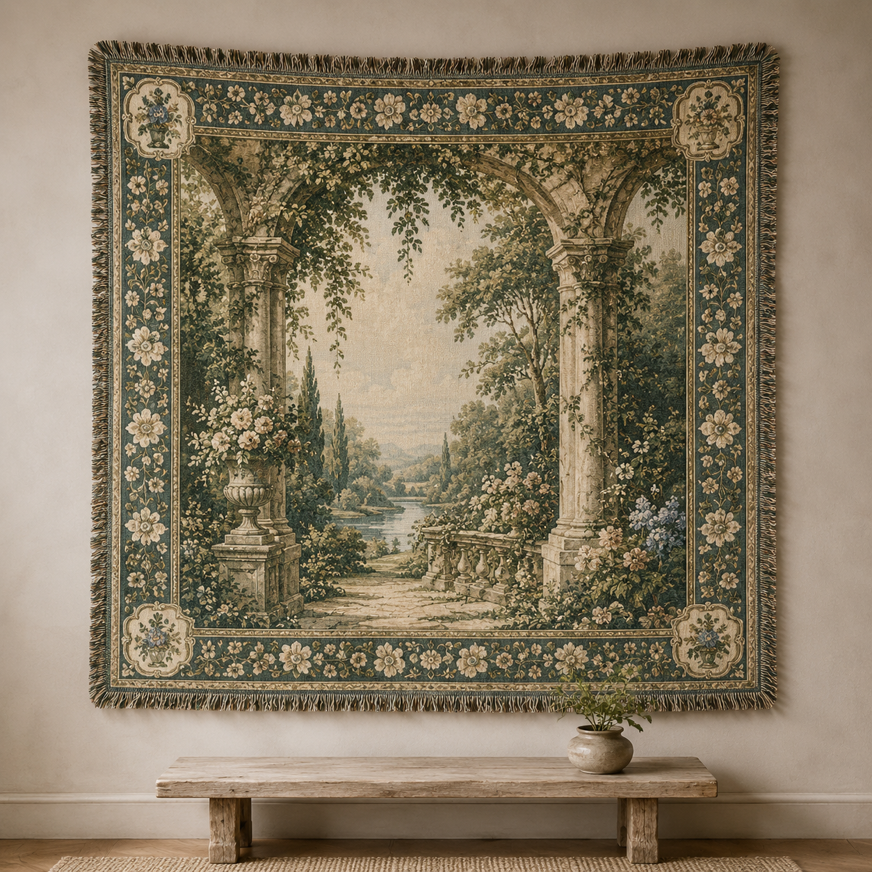 Vintage garden arch woven tapestry blanket with floral border and fringe