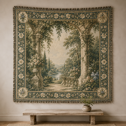 Vintage garden arch woven tapestry blanket with floral border and fringe