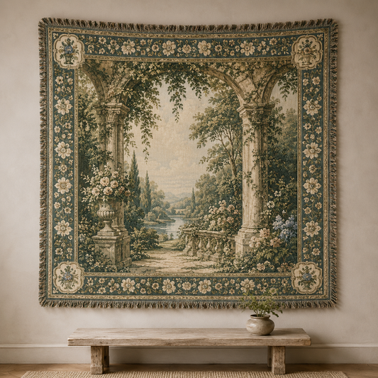 Vintage garden arch woven tapestry blanket with floral border and fringe