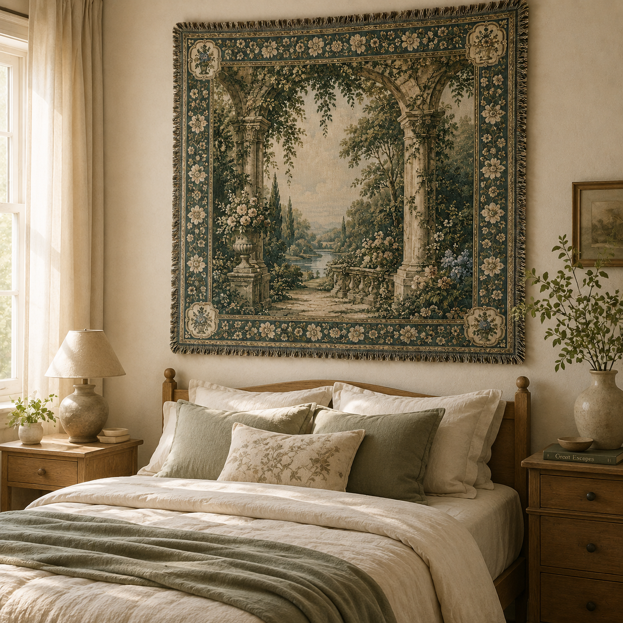 Vintage garden tapestry blanket styled above a serene bedroom bed