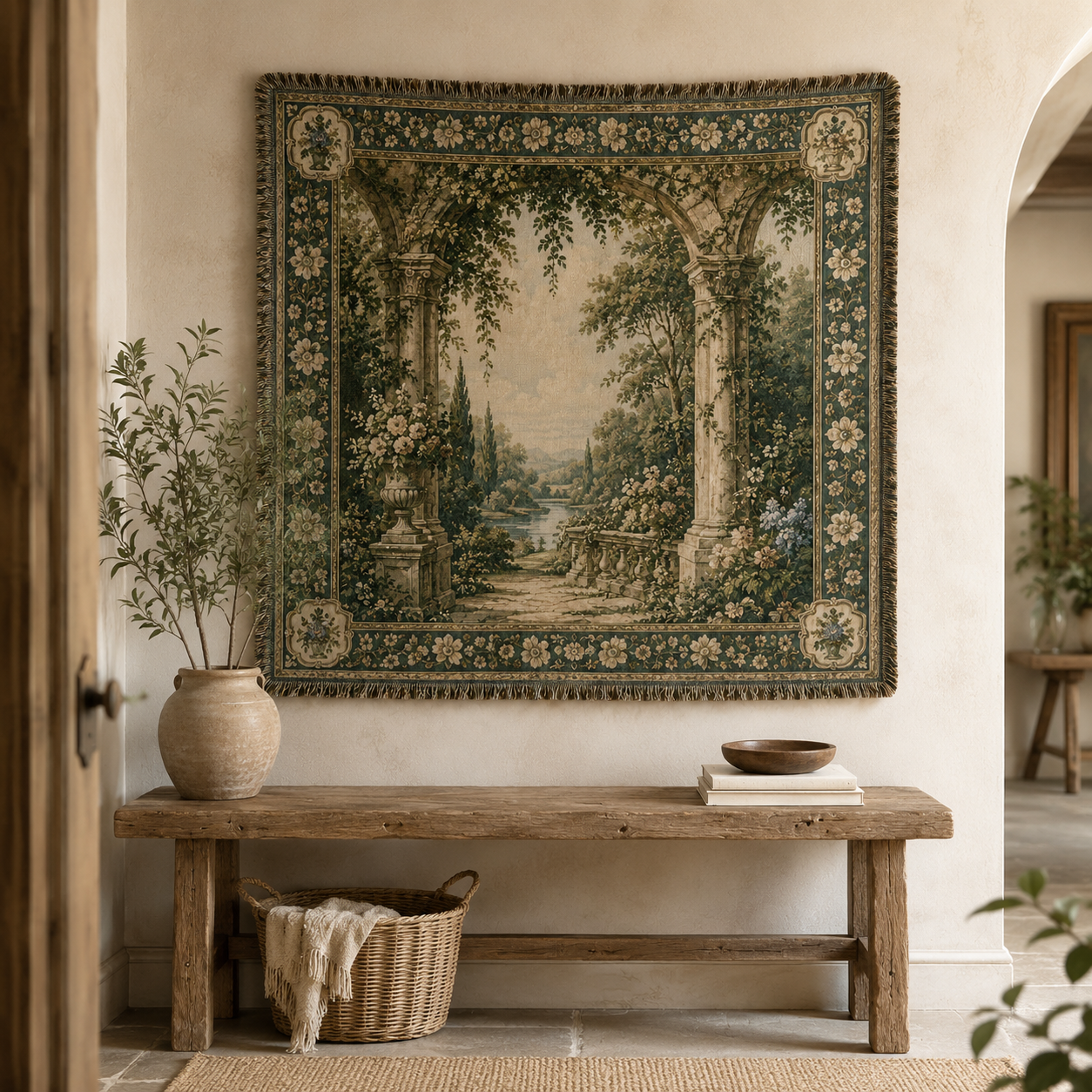 Vintage garden arch tapestry displayed above a rustic entryway bench