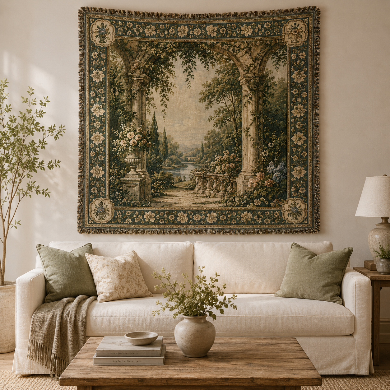 Vintage garden woven tapestry displayed above a cream sofa