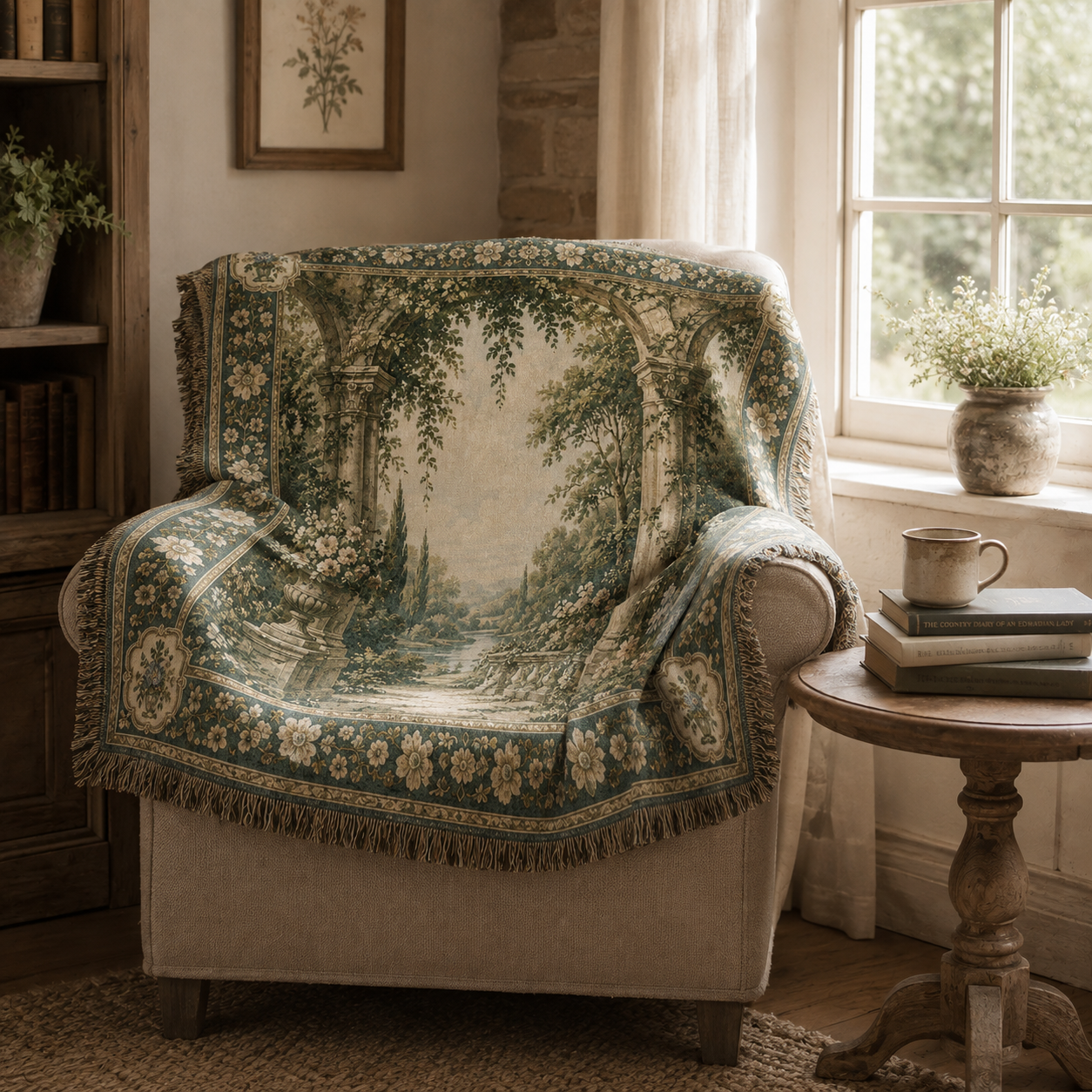 Vintage garden woven tapestry draped over a cozy reading chair