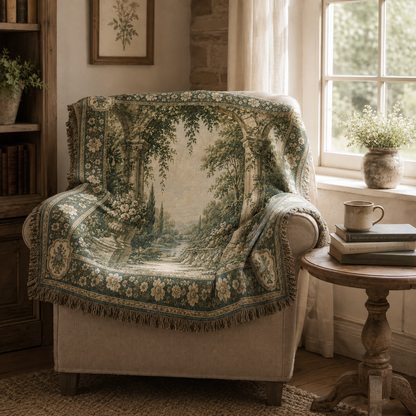 Vintage garden woven tapestry draped over a cozy reading chair