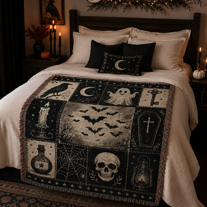 Vintage black and cream Halloween patchwork woven blanket displayed across a candlelit gothic bedroom
