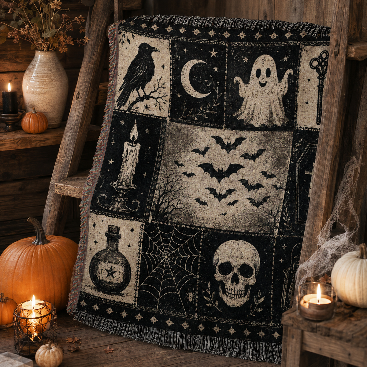 Close-up of vintage gothic Halloween patchwork woven blanket showing raven, moon, ghost, bats, skull, web and fringe