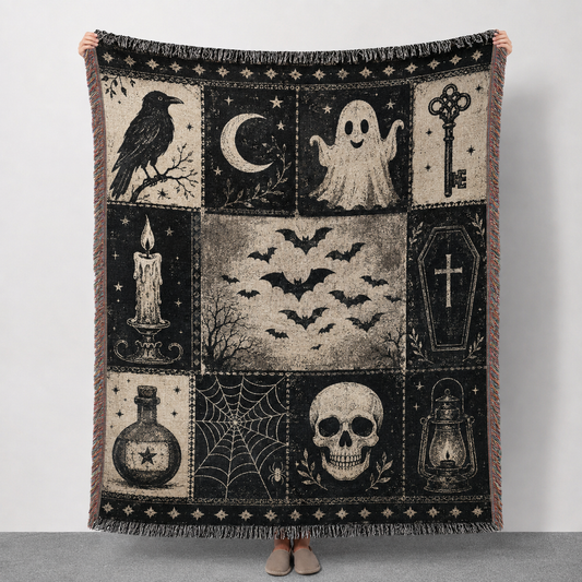 Vintage gothic Halloween patchwork woven blanket with raven, ghost, bats, skull, spiderweb, candle and antique key