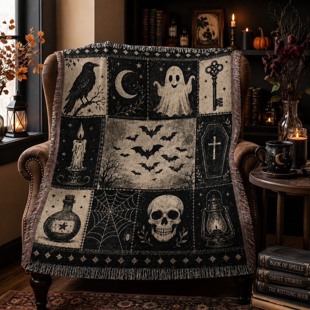 Gothic Halloween woven blanket draped over a leather armchair in a warm candlelit reading nook