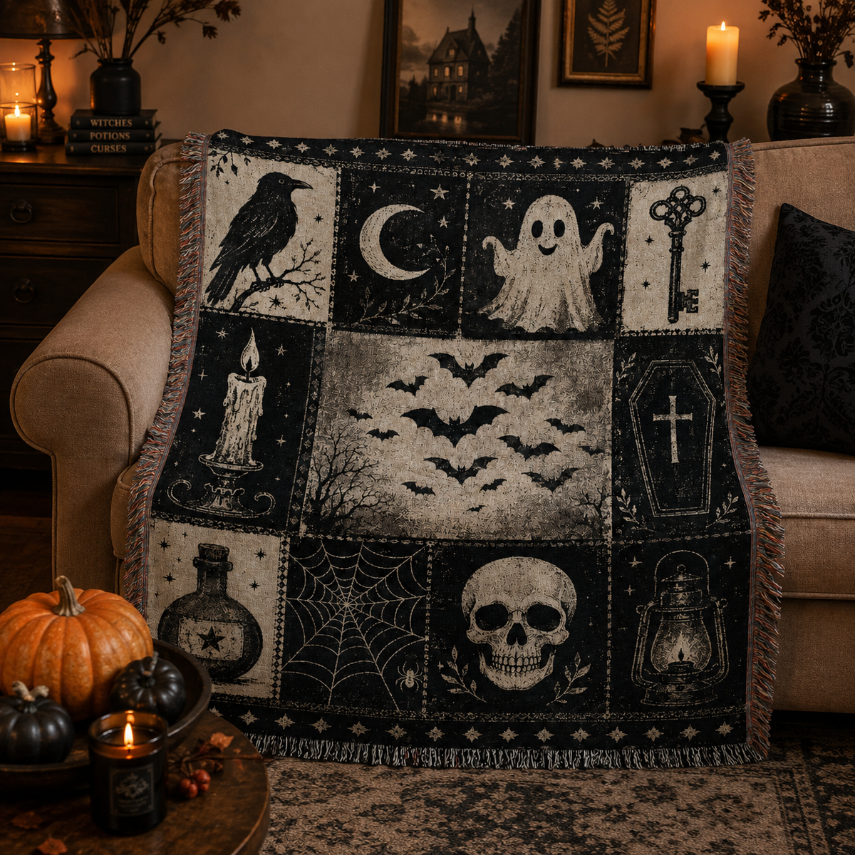 Gothic Halloween patchwork woven blanket styled on a cozy sofa with pumpkins, candles and dark seasonal decor
