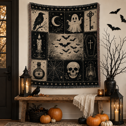 Vintage gothic Halloween patchwork woven blanket hung as wall tapestry above a rustic bench with lanterns and pumpkins