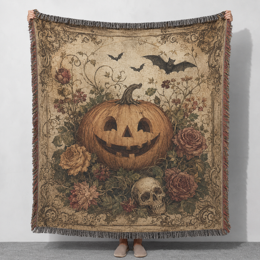 Vintage gothic jack-o'-lantern and skull woven blanket with roses bats and ornate Victorian border